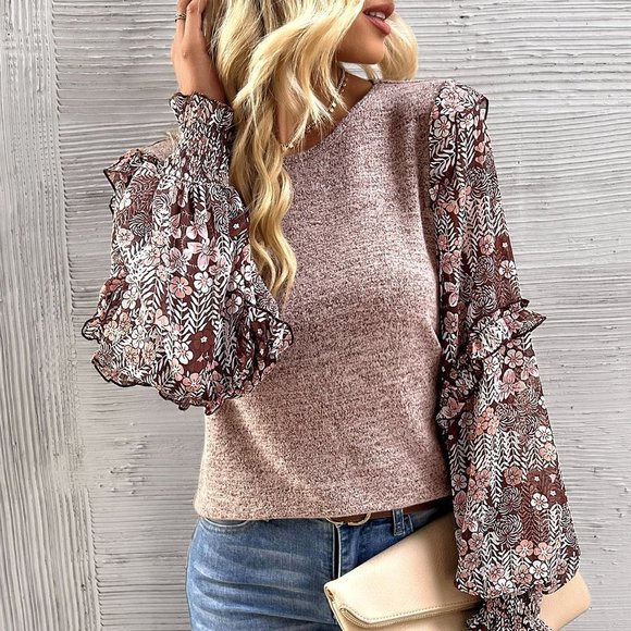 . Tops - Coffee Brown Casual Womens Floral Print Lantern Sleeve Ruffle Trim Top